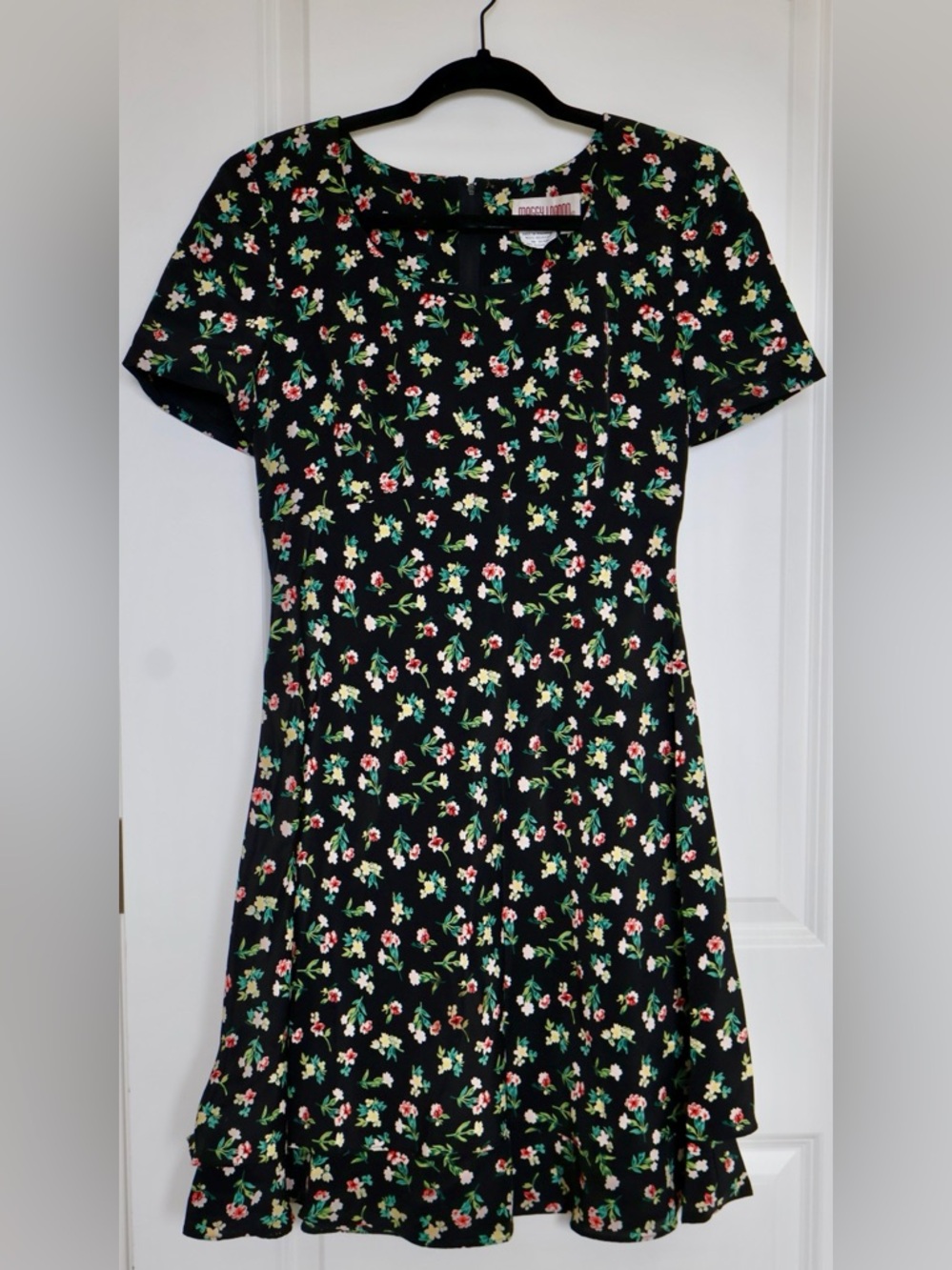 Maggy London Black Floral Fit-and-Flare Dress with Pink and Cream Accents